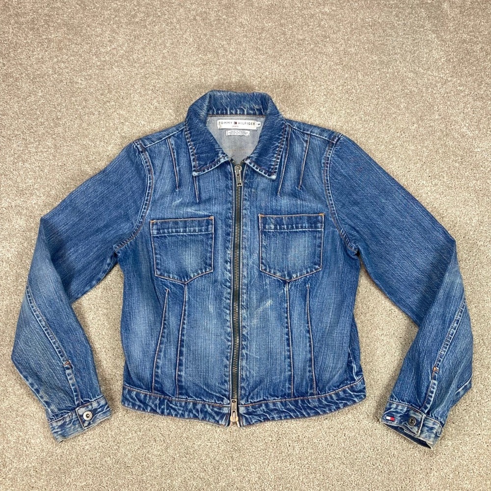 Tommy Hilfiger Vintage Full Zip Denim Jacket Womens M Blue Scarf Print Americana